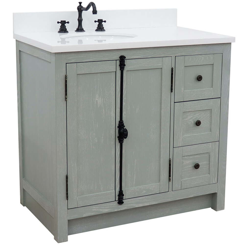 37" Single vanity in Gray Ash finish with White quartz top and oval sink - Left doors/Left sink - 400100-37L-GYA-WEO