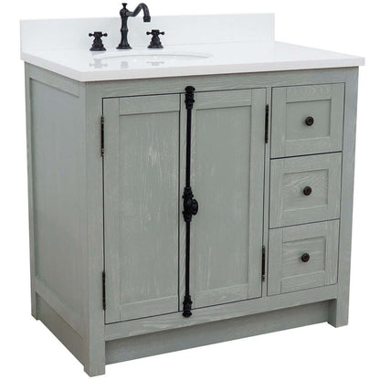37" Single vanity in Gray Ash finish with White quartz top and oval sink - Left doors/Left sink - 400100-37L-GYA-WEO