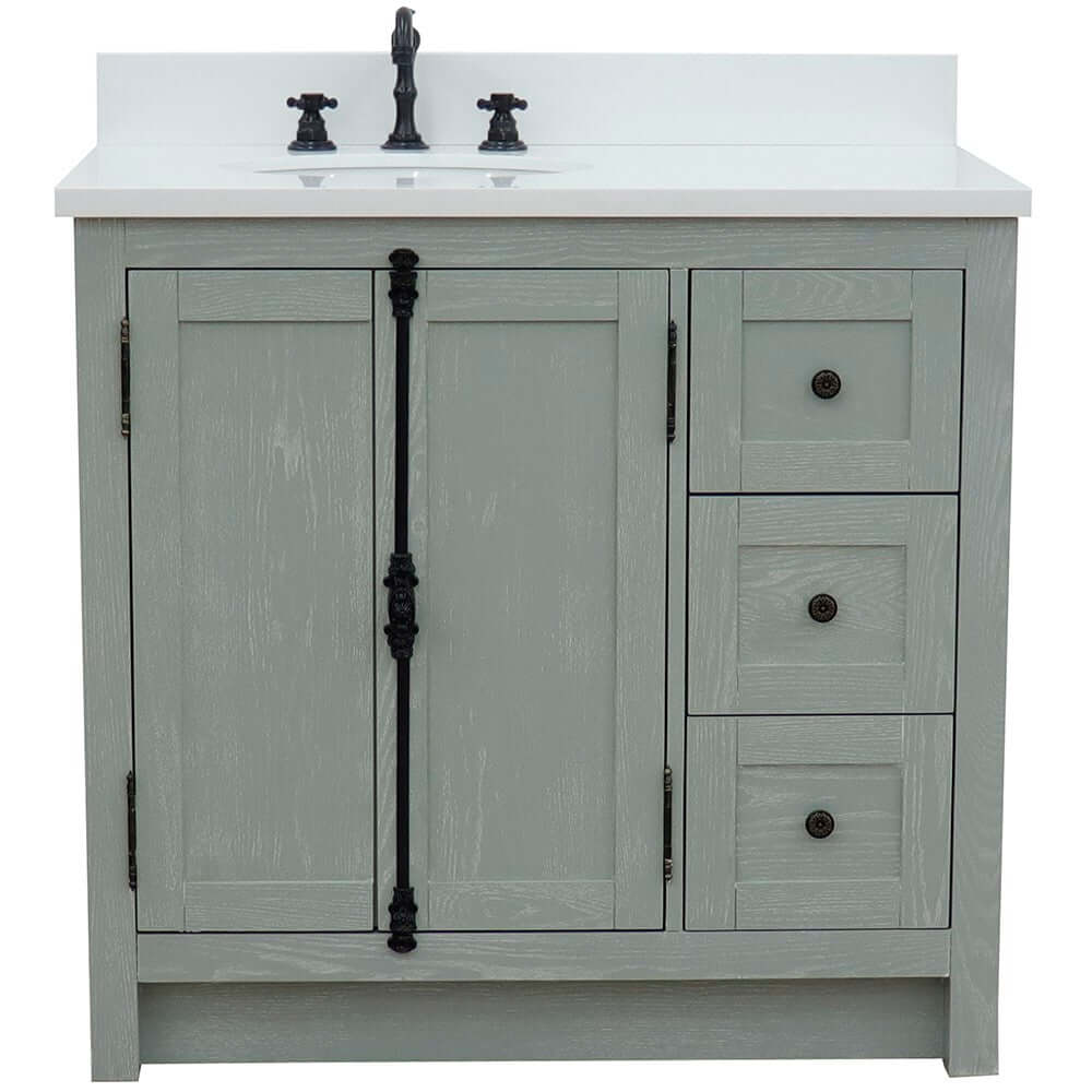 37" Single vanity in Gray Ash finish with White quartz top and oval sink - Left doors/Left sink - 400100-37L-GYA-WEO