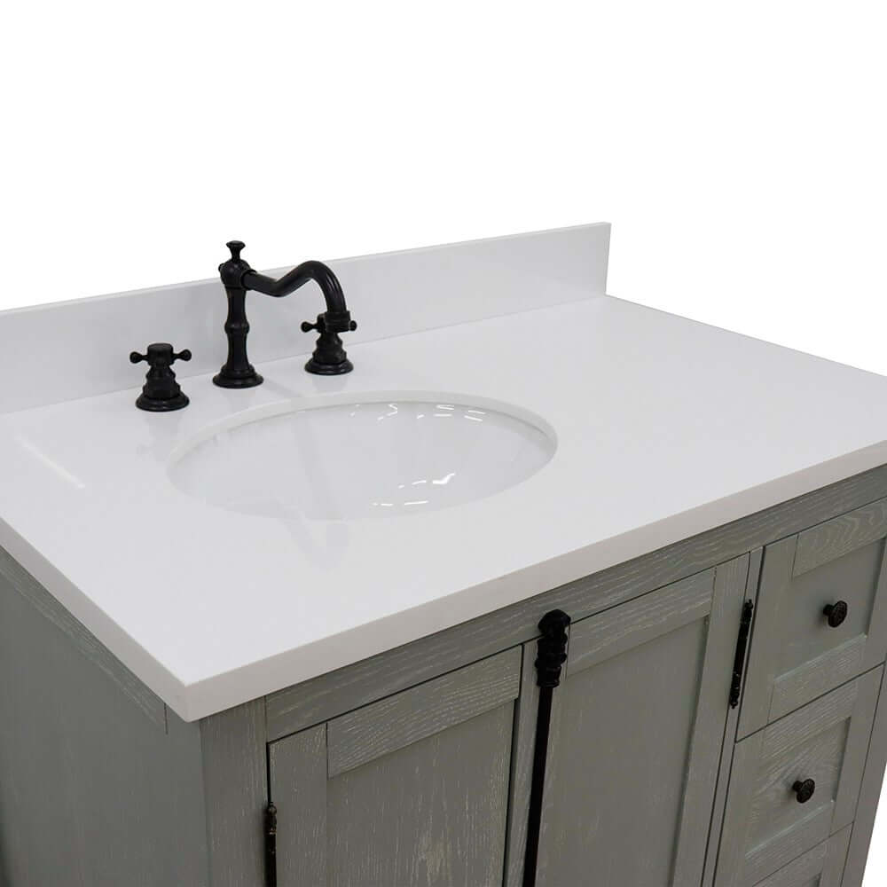 37" Single vanity in Gray Ash finish with White quartz top and oval sink - Left doors/Left sink - 400100-37L-GYA-WEO