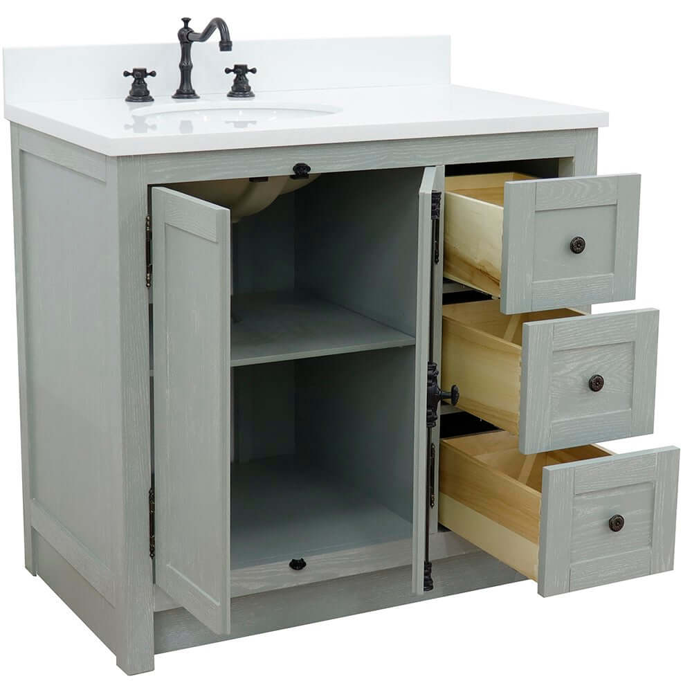 37" Single vanity in Gray Ash finish with White quartz top and oval sink - Left doors/Left sink - 400100-37L-GYA-WEO