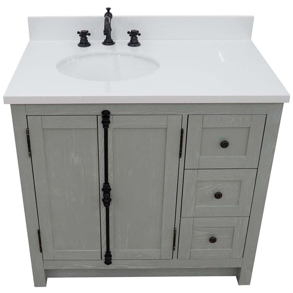 37" Single vanity in Gray Ash finish with White quartz top and oval sink - Left doors/Left sink - 400100-37L-GYA-WEO