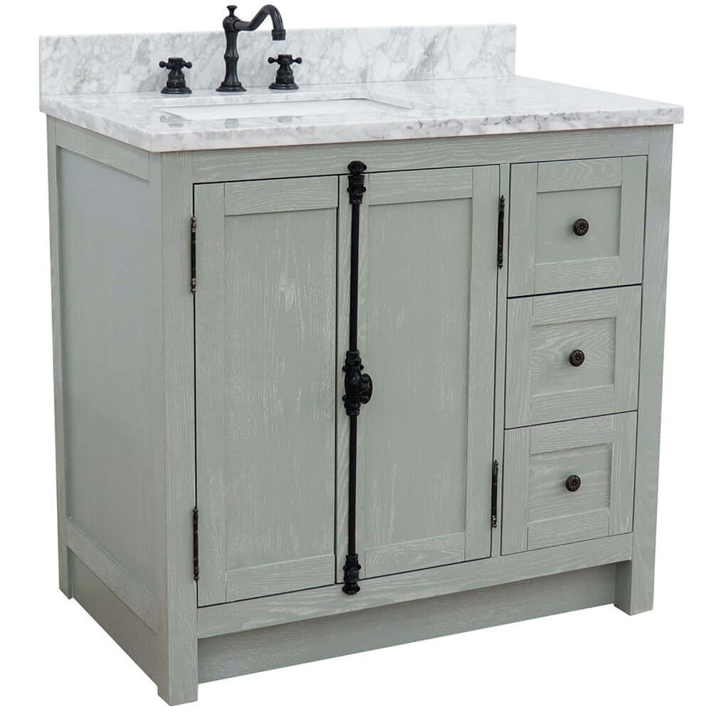 37" Single vanity in Gray Ash finish with White Carrara top and rectangle sink - Left doors/Left sink - 400100-37L-GYA-WMR