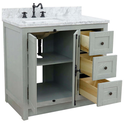 37" Single vanity in Gray Ash finish with White Carrara top and rectangle sink - Left doors/Left sink - 400100-37L-GYA-WMR