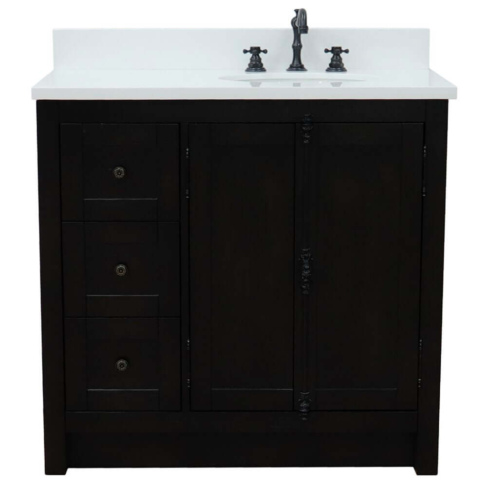 37" Single vanity in Brown Ash finish with White quartz top and oval sink - Right doors/Right sink - 400100-37R-BA-WEO