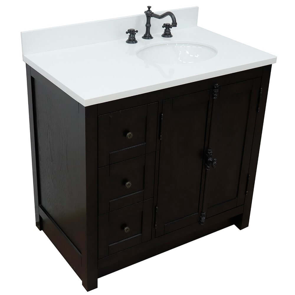 37" Single vanity in Brown Ash finish with White quartz top and oval sink - Right doors/Right sink - 400100-37R-BA-WEO