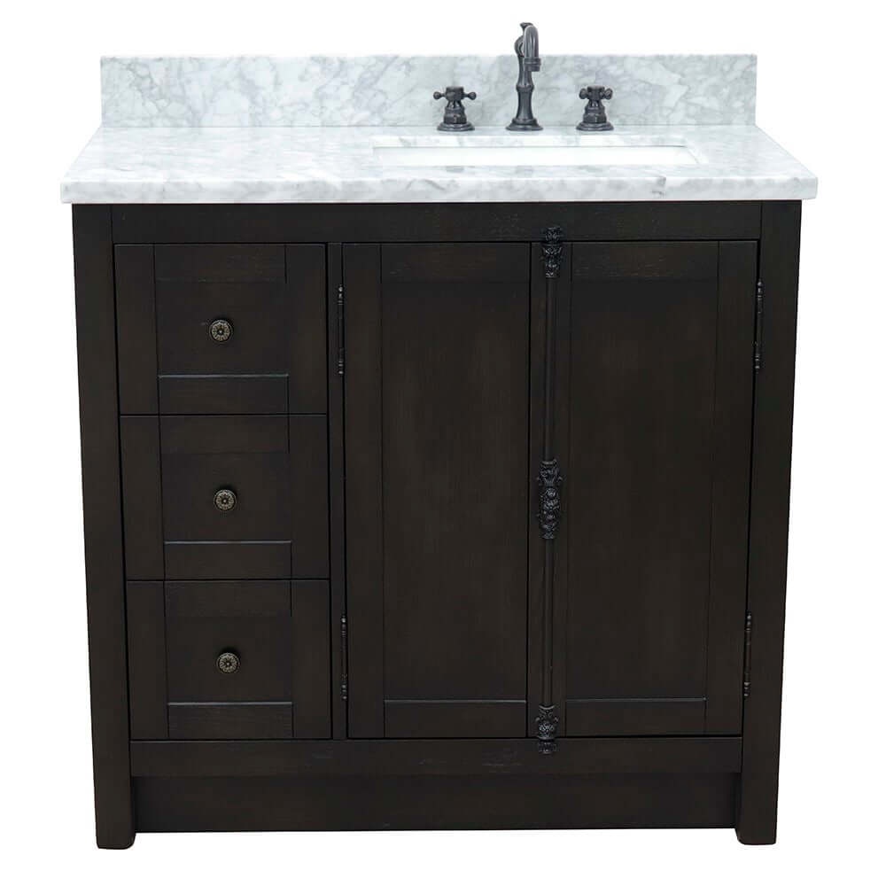 37" Single vanity in Brown Ash finish with White Carrara top and rectangle sink - Right doors/Right sink - 400100-37R-BA-WMR