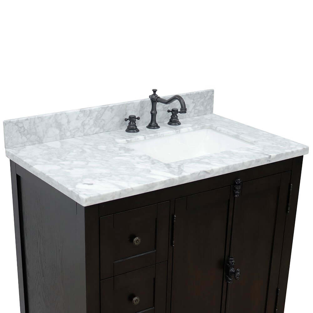 37" Single vanity in Brown Ash finish with White Carrara top and rectangle sink - Right doors/Right sink - 400100-37R-BA-WMR