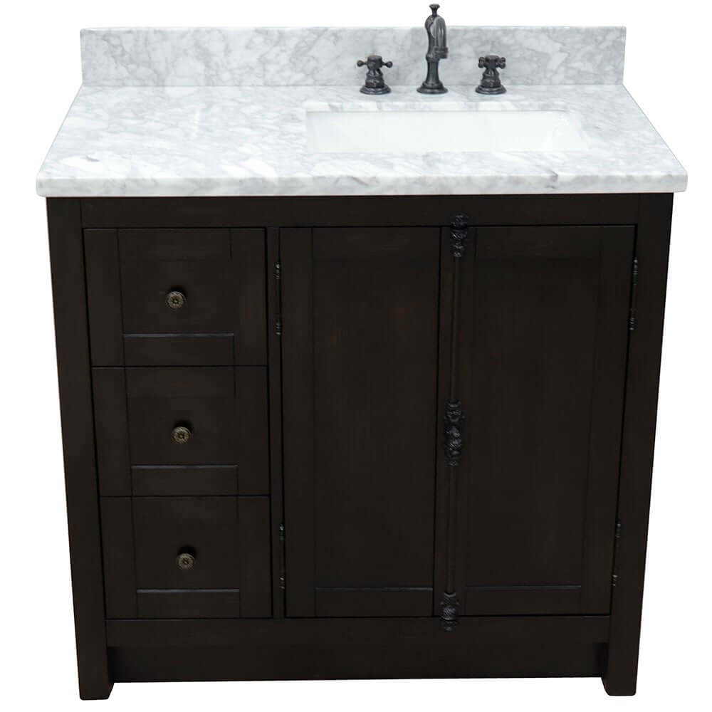 37" Single vanity in Brown Ash finish with White Carrara top and rectangle sink - Right doors/Right sink - 400100-37R-BA-WMR