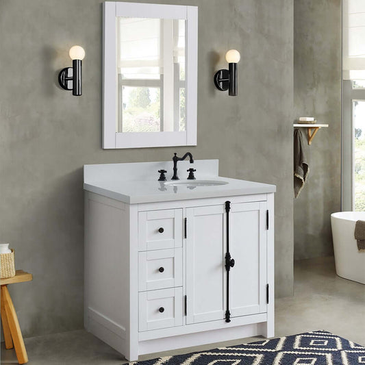 37" Single vanity in Glacier Ash finish with White quartz top and oval sink - Right doors/Right sink - 400100-37R-GA-WEO