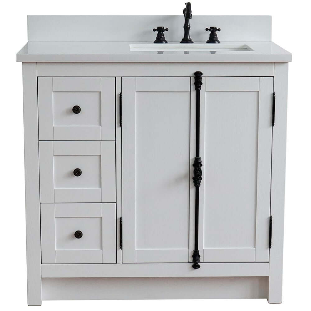 37" Single vanity in Glacier Ash finish with White quartz top and rectangle sink - Right doors/Right sink - 400100-37R-GA-WER