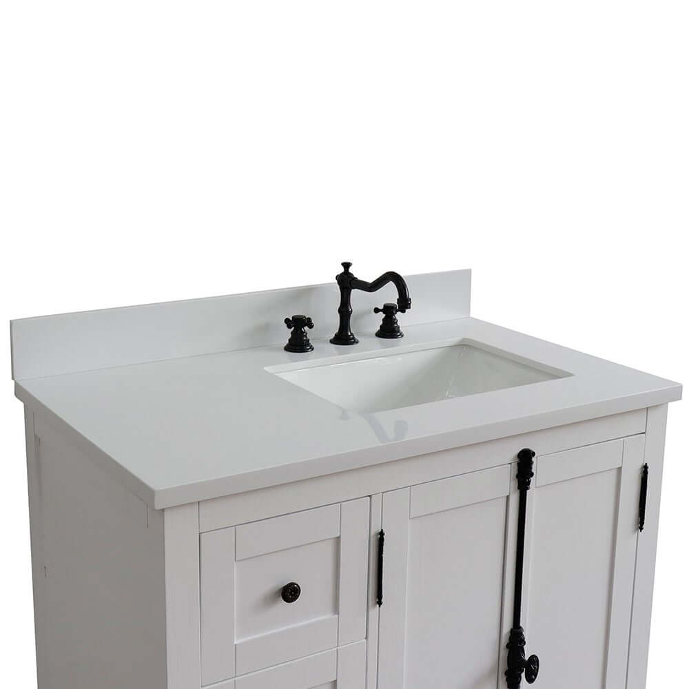 37" Single vanity in Glacier Ash finish with White quartz top and rectangle sink - Right doors/Right sink - 400100-37R-GA-WER