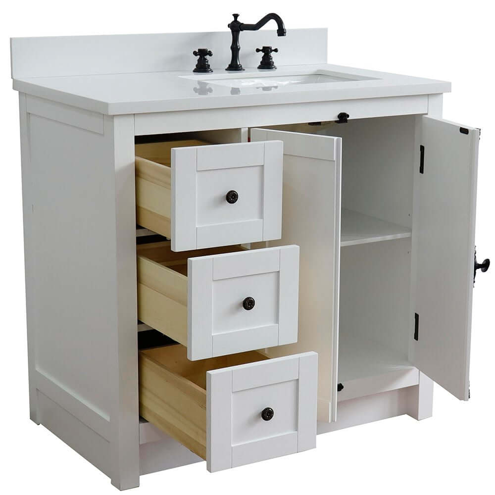 37" Single vanity in Glacier Ash finish with White quartz top and rectangle sink - Right doors/Right sink - 400100-37R-GA-WER