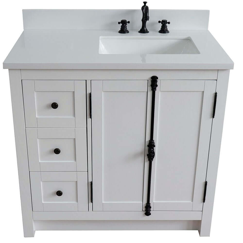 37" Single vanity in Glacier Ash finish with White quartz top and rectangle sink - Right doors/Right sink - 400100-37R-GA-WER