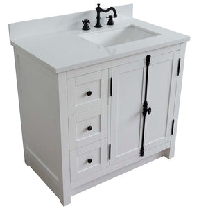 37" Single vanity in Glacier Ash finish with White quartz top and rectangle sink - Right doors/Right sink - 400100-37R-GA-WER