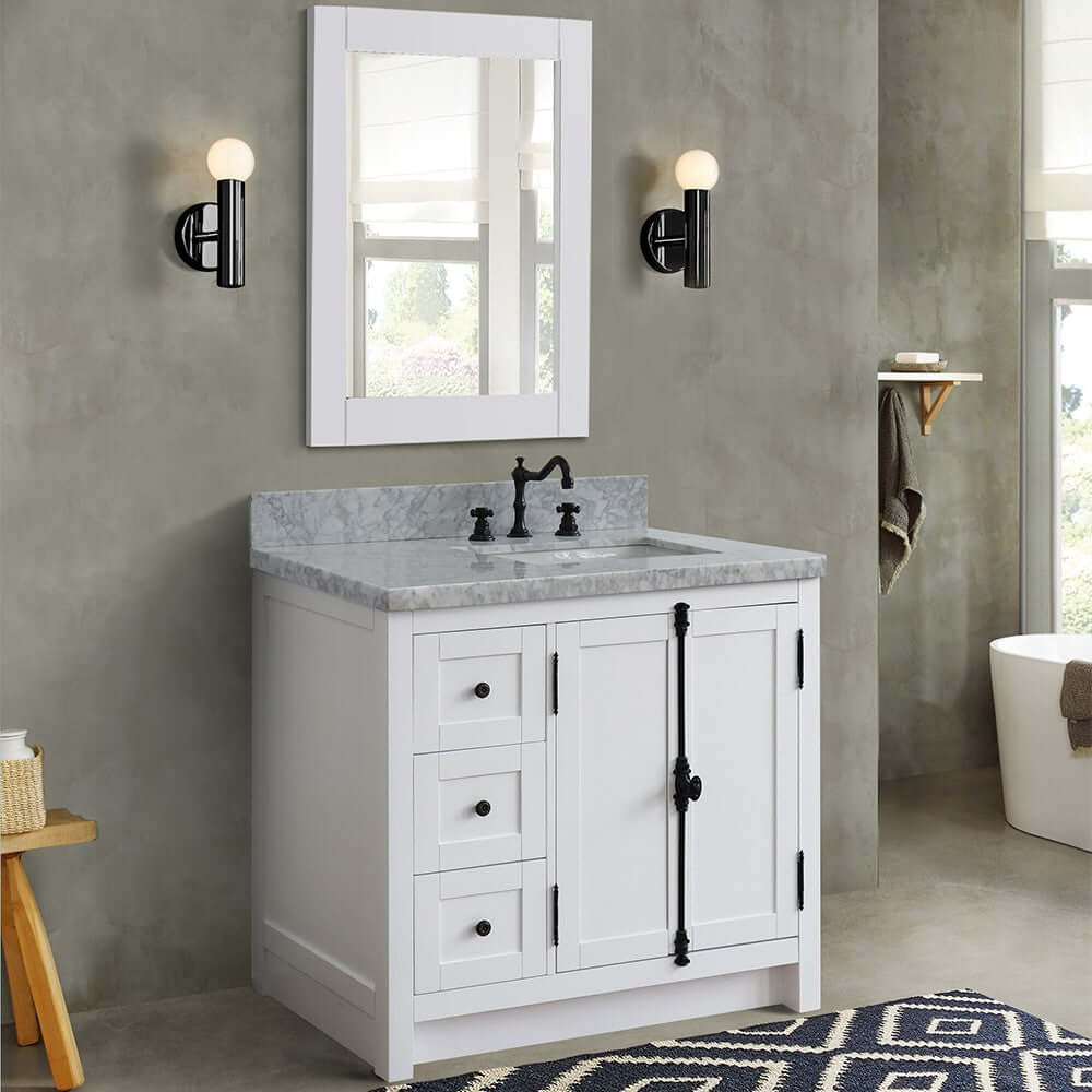 37" Single vanity in Glacier Ash finish with White Carrara top and rectangle sink - Right doors/Right sink - 400100-37R-GA-WMR