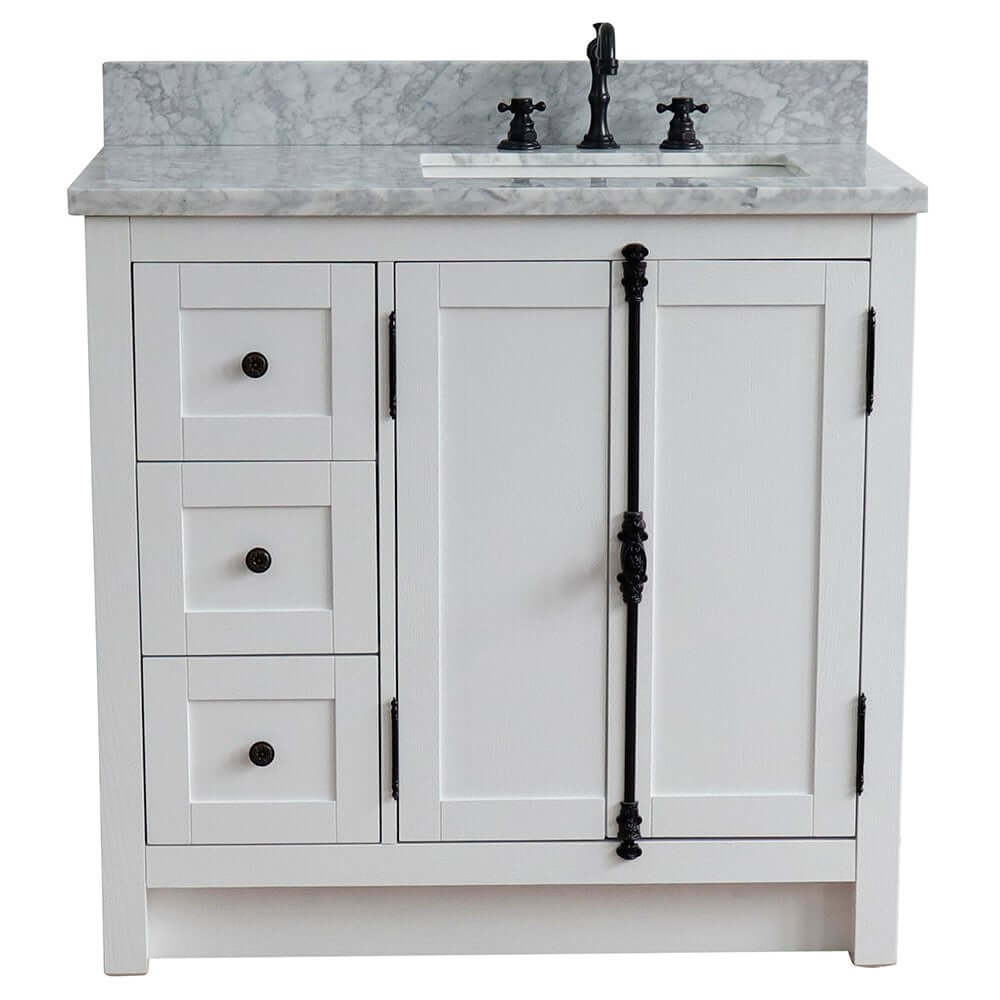 37" Single vanity in Glacier Ash finish with White Carrara top and rectangle sink - Right doors/Right sink - 400100-37R-GA-WMR