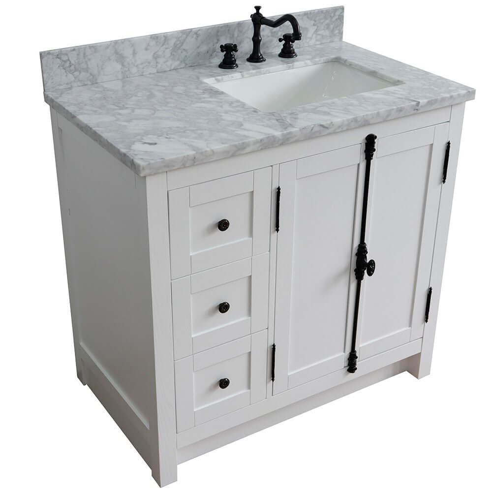 37" Single vanity in Glacier Ash finish with White Carrara top and rectangle sink - Right doors/Right sink - 400100-37R-GA-WMR