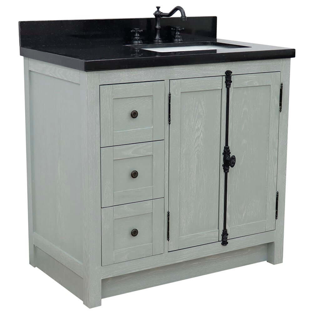 37" Single vanity in Gray Ash finish with Black galaxy top and rectangle sink - Right doors/Right sink - 400100-37R-GYA-BGR