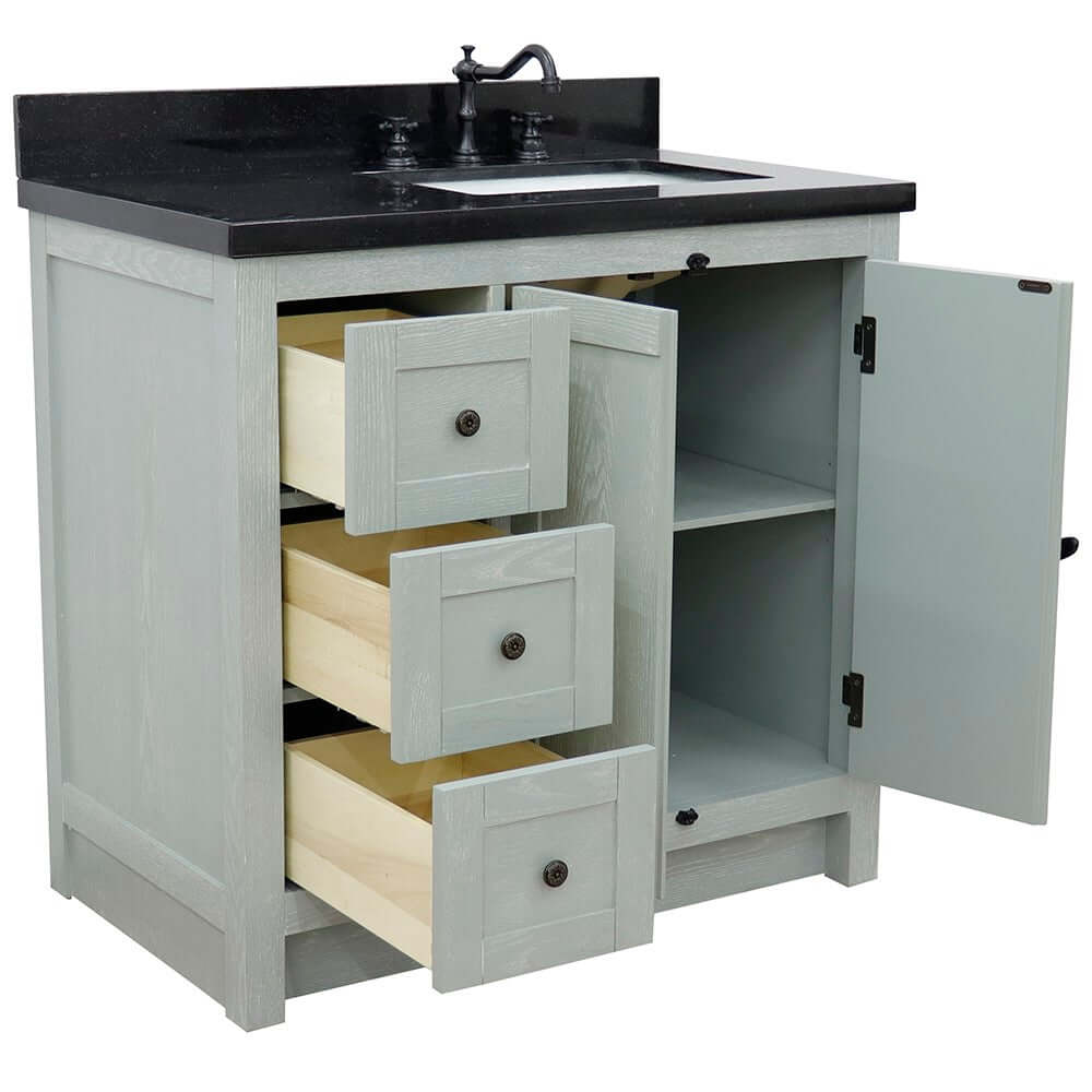 37" Single vanity in Gray Ash finish with Black galaxy top and rectangle sink - Right doors/Right sink - 400100-37R-GYA-BGR