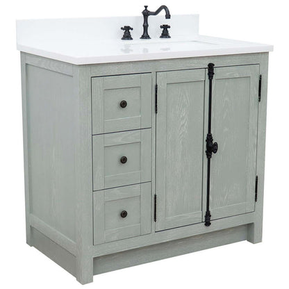 37" Single vanity in Gray Ash finish with White quartz top and rectangle sink - Right doors/Right sink - 400100-37R-GYA-WER