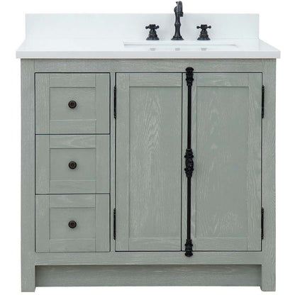 37" Single vanity in Gray Ash finish with White quartz top and rectangle sink - Right doors/Right sink - 400100-37R-GYA-WER