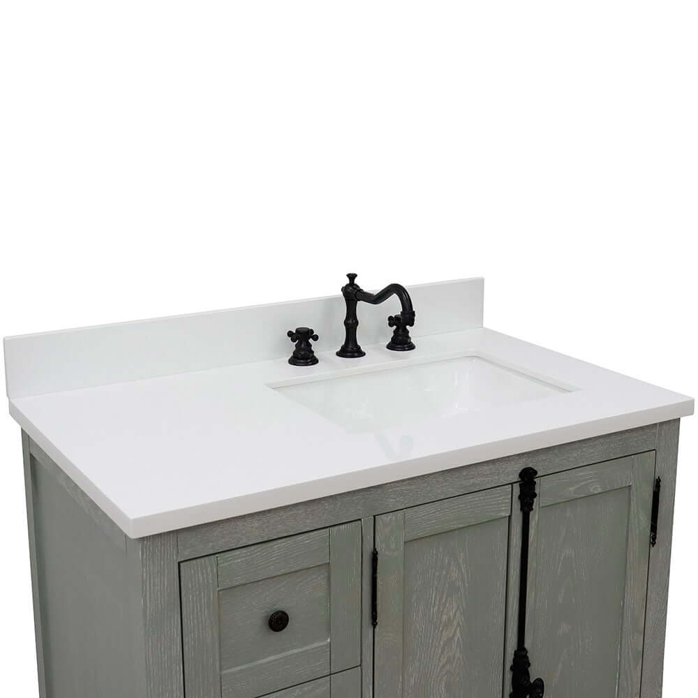 37" Single vanity in Gray Ash finish with White quartz top and rectangle sink - Right doors/Right sink - 400100-37R-GYA-WER