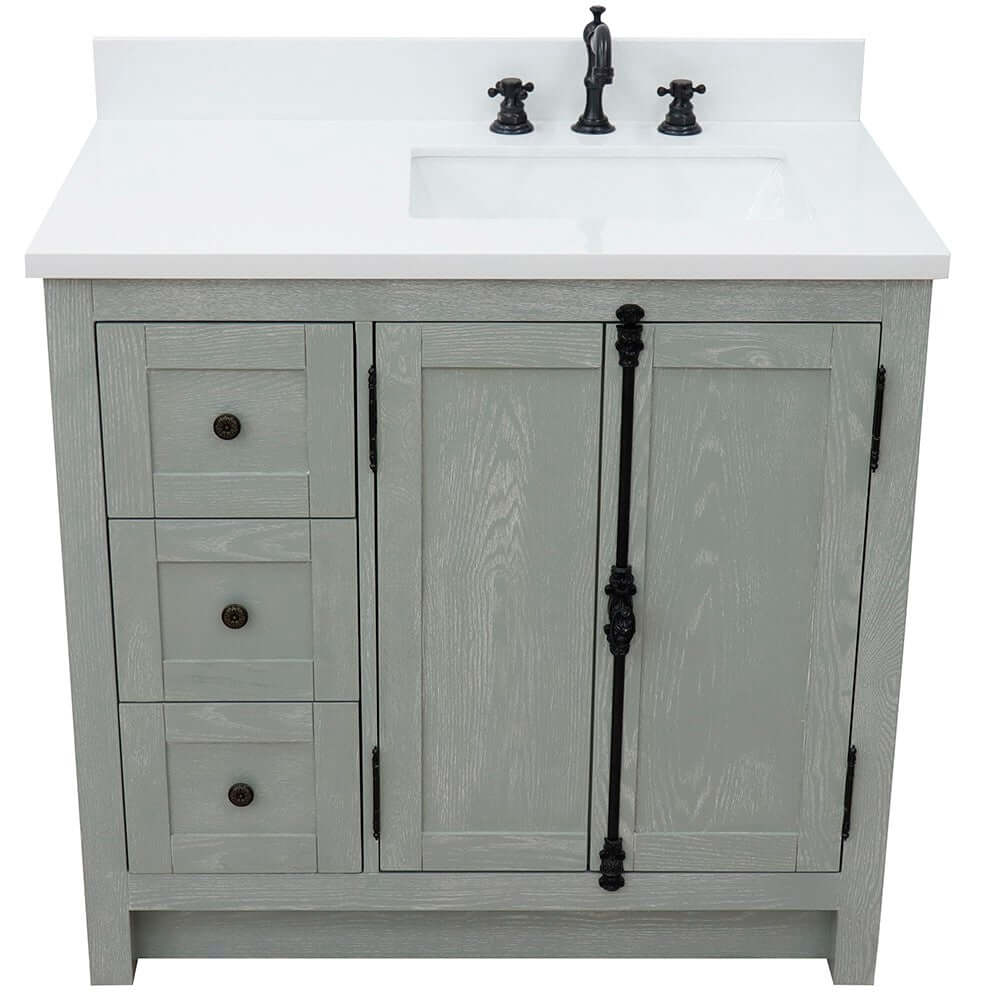 37" Single vanity in Gray Ash finish with White quartz top and rectangle sink - Right doors/Right sink - 400100-37R-GYA-WER