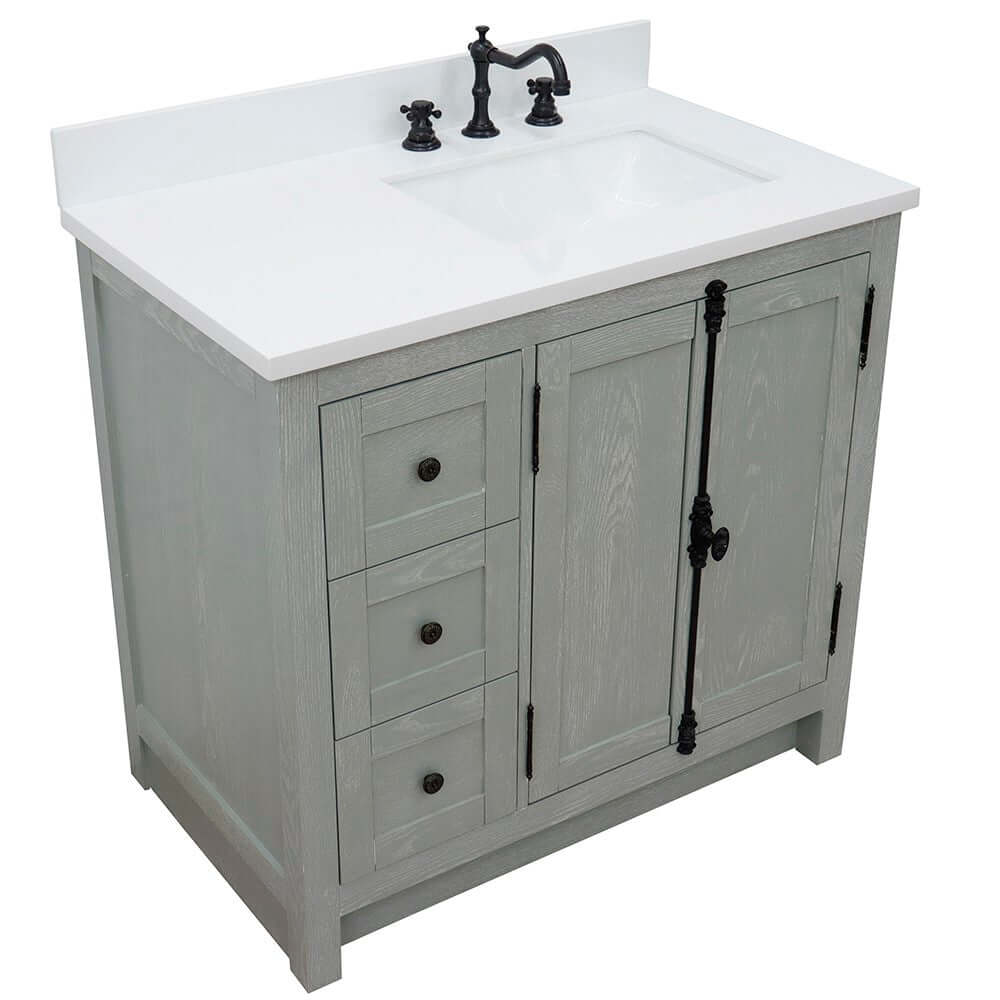 37" Single vanity in Gray Ash finish with White quartz top and rectangle sink - Right doors/Right sink - 400100-37R-GYA-WER