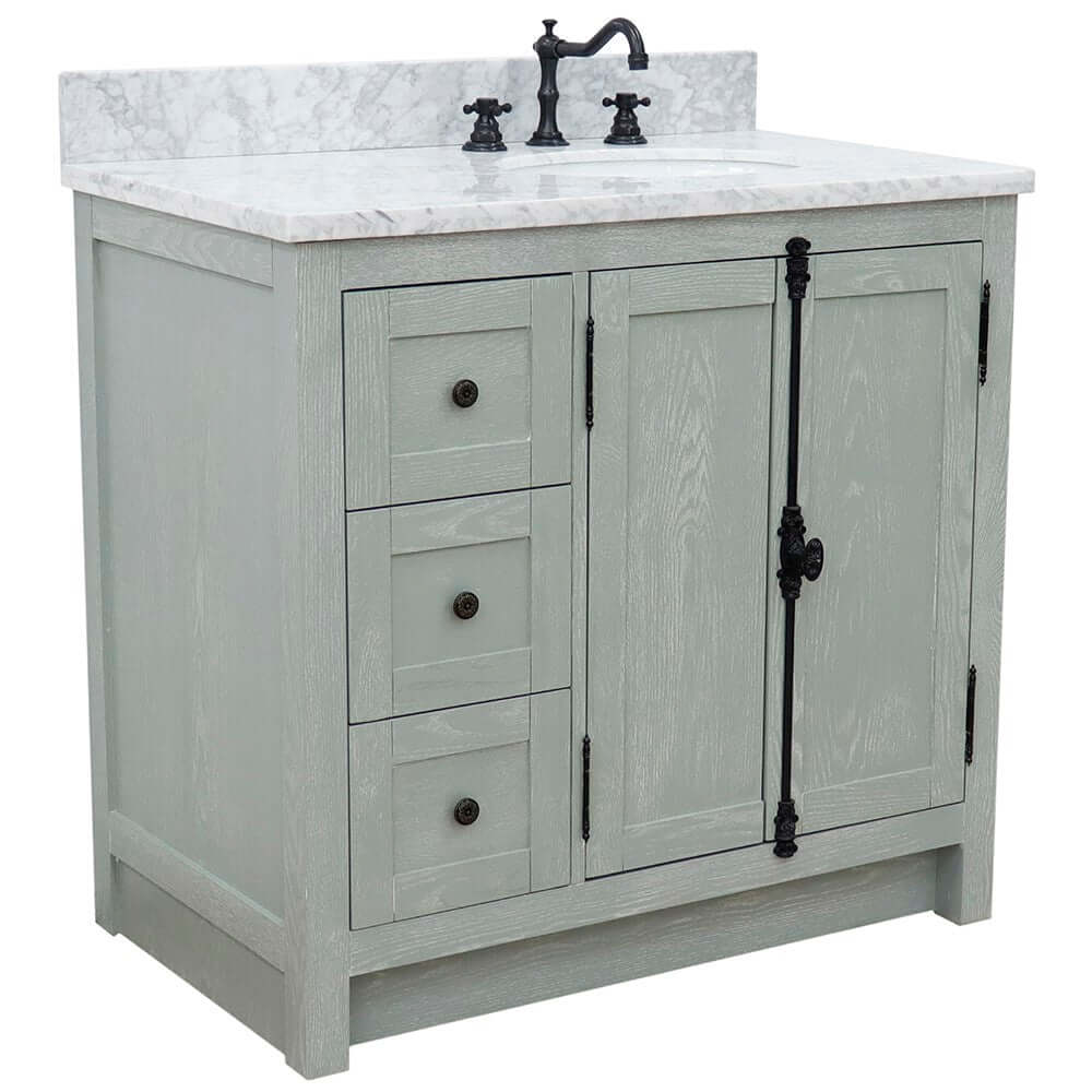 37" Single vanity in Gray Ash finish with White Carrara top and oval sink - Right doors/Right sink - 400100-37R-GYA-WMO