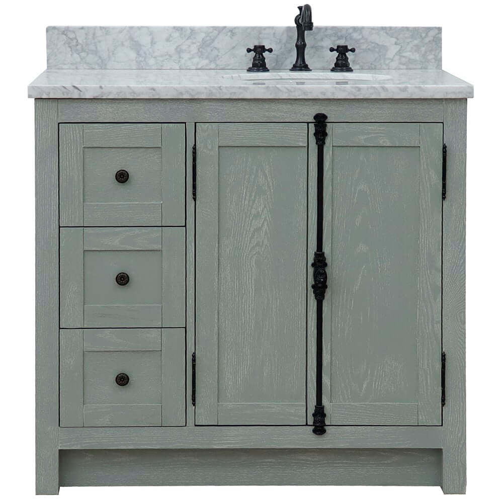 37" Single vanity in Gray Ash finish with White Carrara top and oval sink - Right doors/Right sink - 400100-37R-GYA-WMO