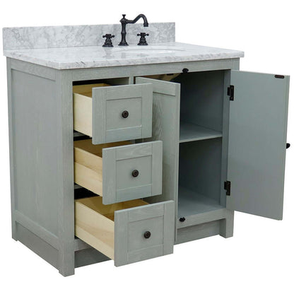 37" Single vanity in Gray Ash finish with White Carrara top and oval sink - Right doors/Right sink - 400100-37R-GYA-WMO