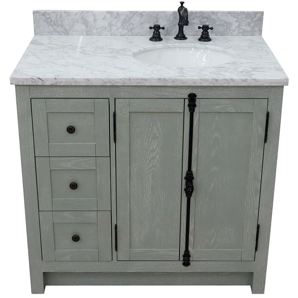 37" Single vanity in Gray Ash finish with White Carrara top and oval sink - Right doors/Right sink - 400100-37R-GYA-WMO