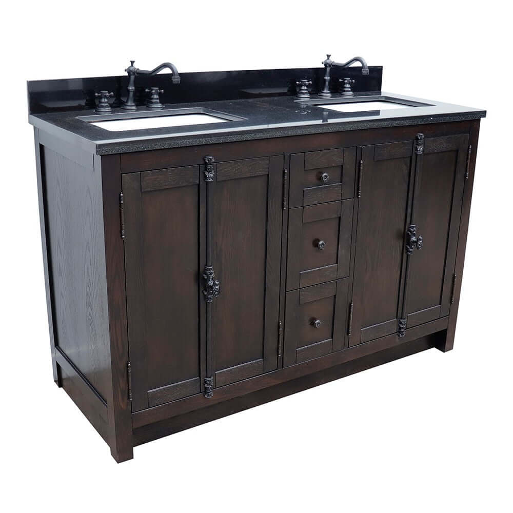 55" Double vanity in Brown Ash finish with Black Galaxy top and rectangle sink - 400100-55-BA-BG