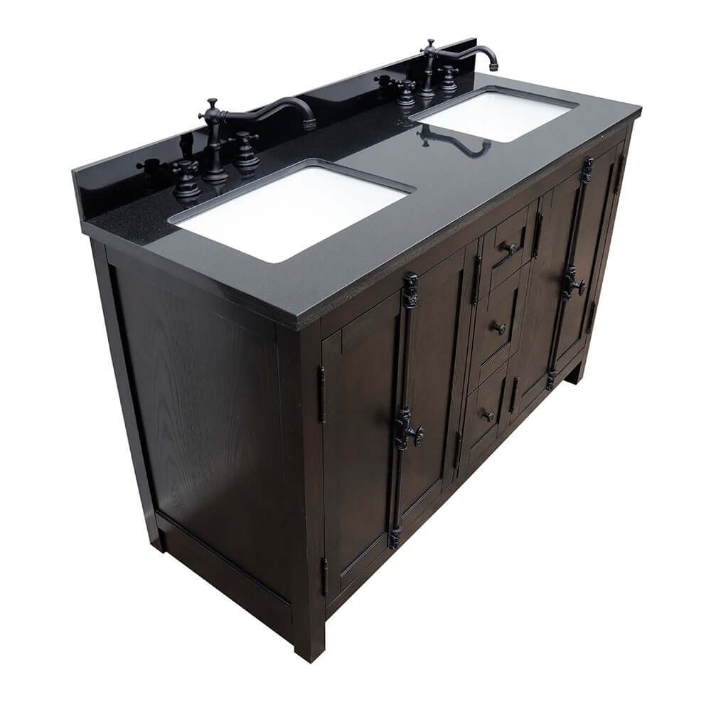 55" Double vanity in Brown Ash finish with Black Galaxy top and rectangle sink - 400100-55-BA-BG