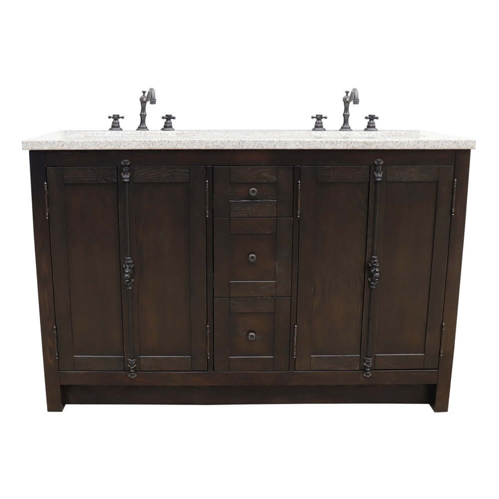 55" Double vanity in Brown Ash finish with Gray Granite top and rectangle sink - 400100-55-BA-GY