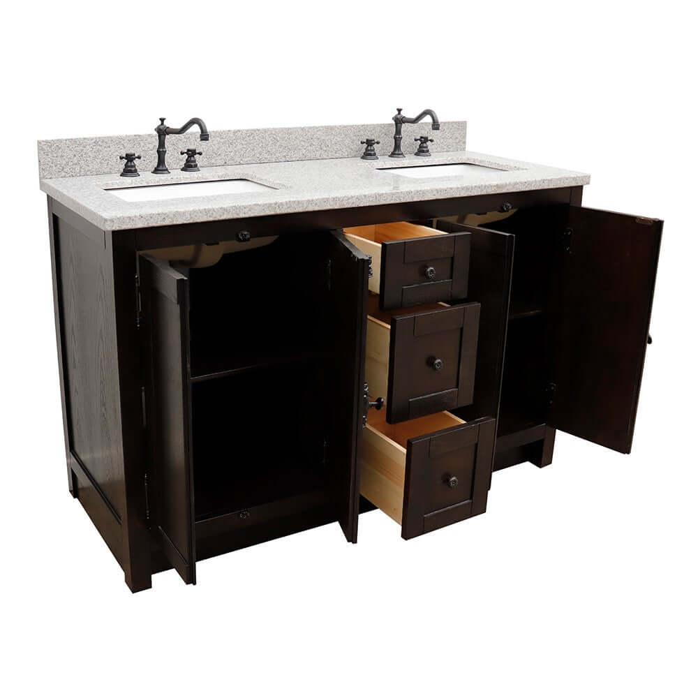 55" Double vanity in Brown Ash finish with Gray Granite top and rectangle sink - 400100-55-BA-GY