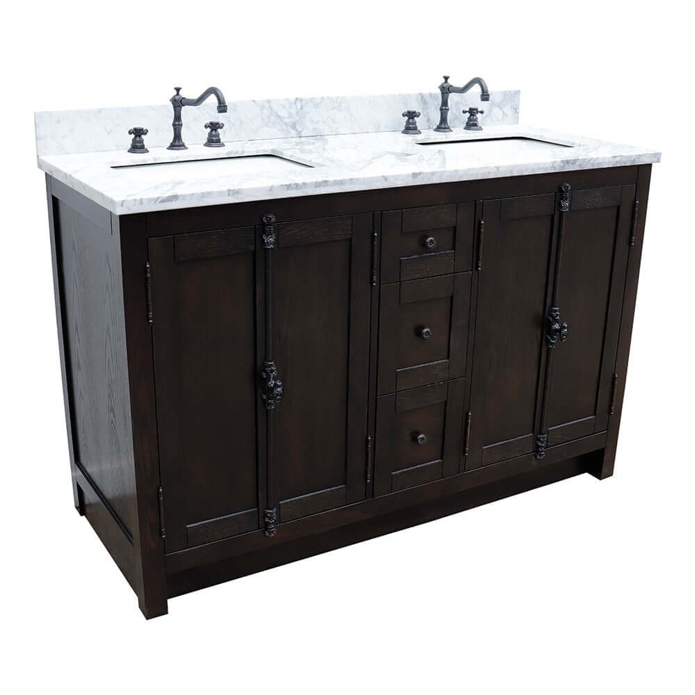 55" Double vanity in Brown Ash finish with White Carrara top and rectangle sink - 400100-55-BA-WM