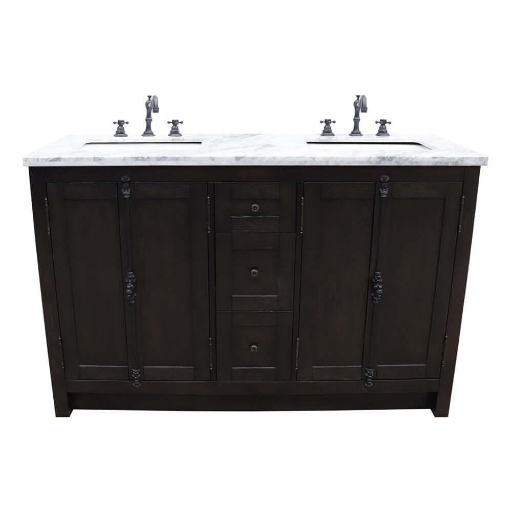 55" Double vanity in Brown Ash finish with White Carrara top and rectangle sink - 400100-55-BA-WM