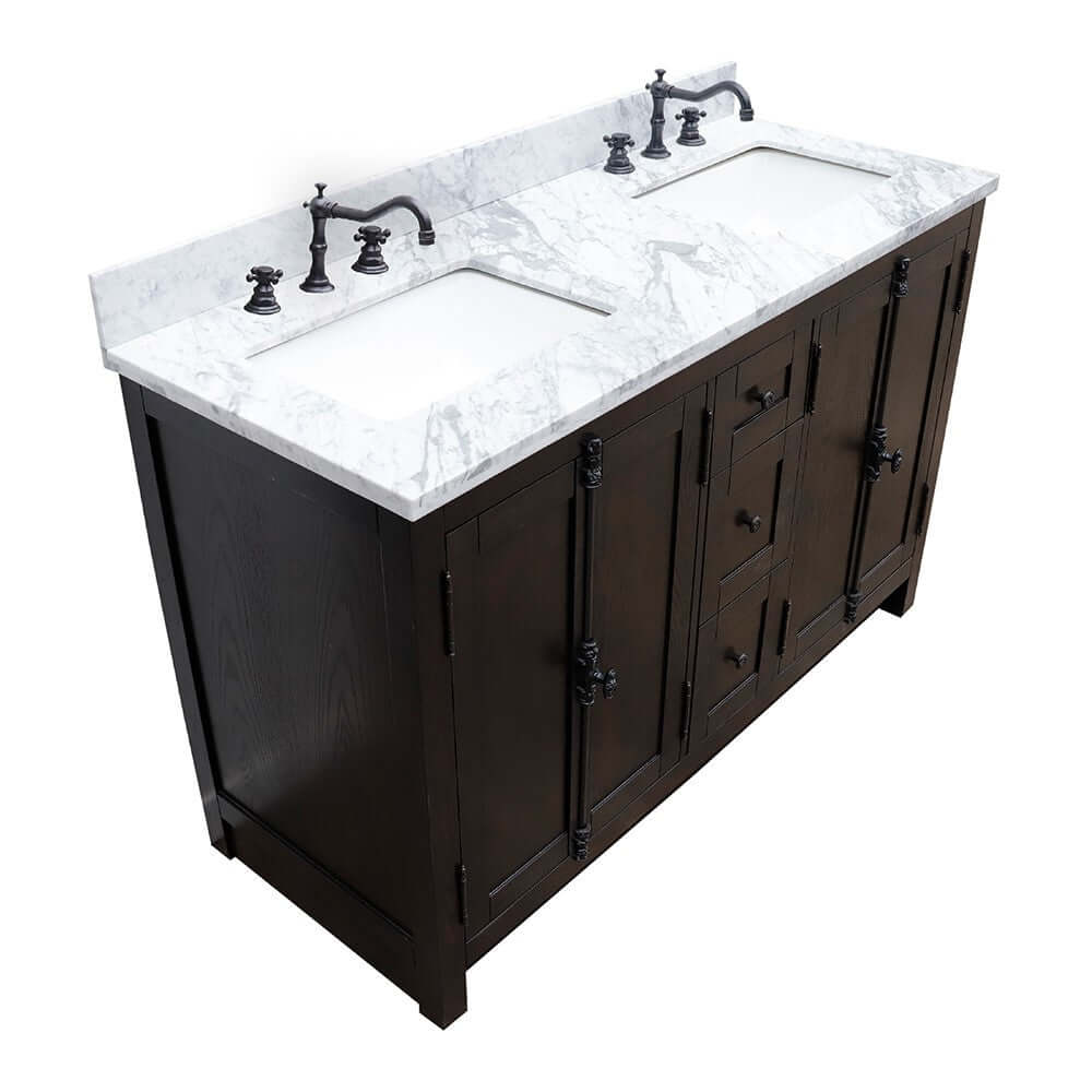 55" Double vanity in Brown Ash finish with White Carrara top and rectangle sink - 400100-55-BA-WM