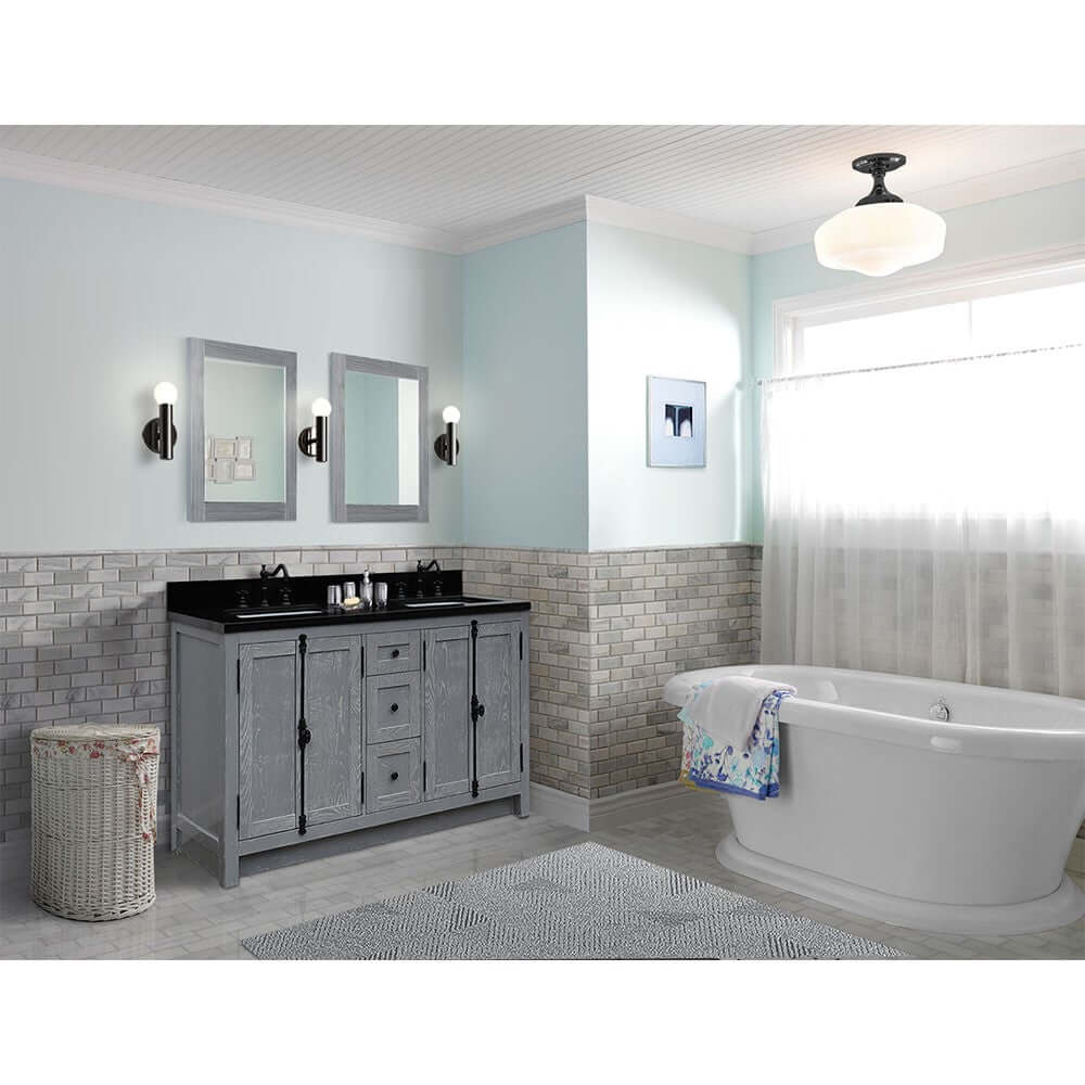 55" Double vanity in Gray Ash finish with Black Galaxy granite top and rectangle sink - 400100-55-GYA-BG