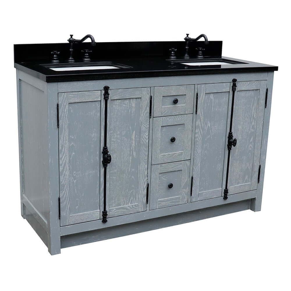 55" Double vanity in Gray Ash finish with Black Galaxy granite top and rectangle sink - 400100-55-GYA-BG