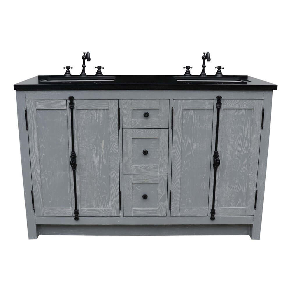 55" Double vanity in Gray Ash finish with Black Galaxy granite top and rectangle sink - 400100-55-GYA-BG