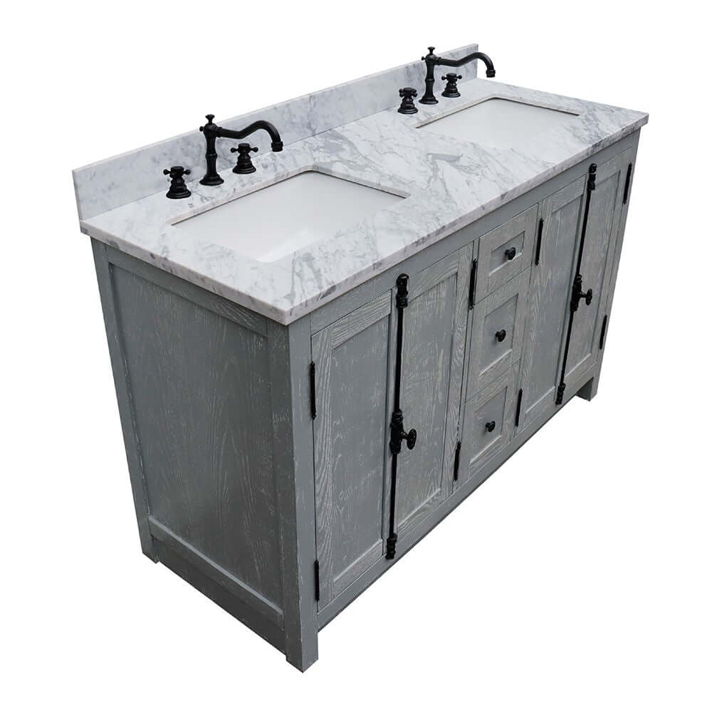 55" Double vanity in Gray Ash finish with White Carrara marble top and rectangle sink - 400100-55-GYA-WM