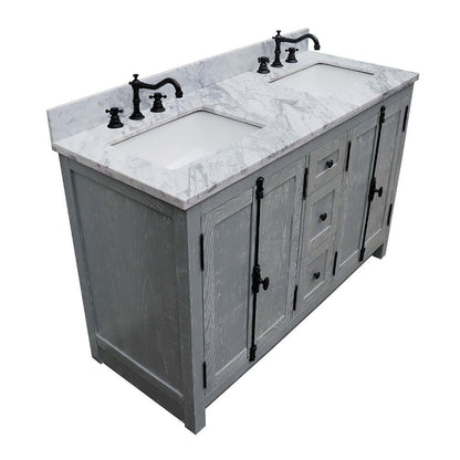 55" Double vanity in Gray Ash finish with White Carrara marble top and rectangle sink - 400100-55-GYA-WM