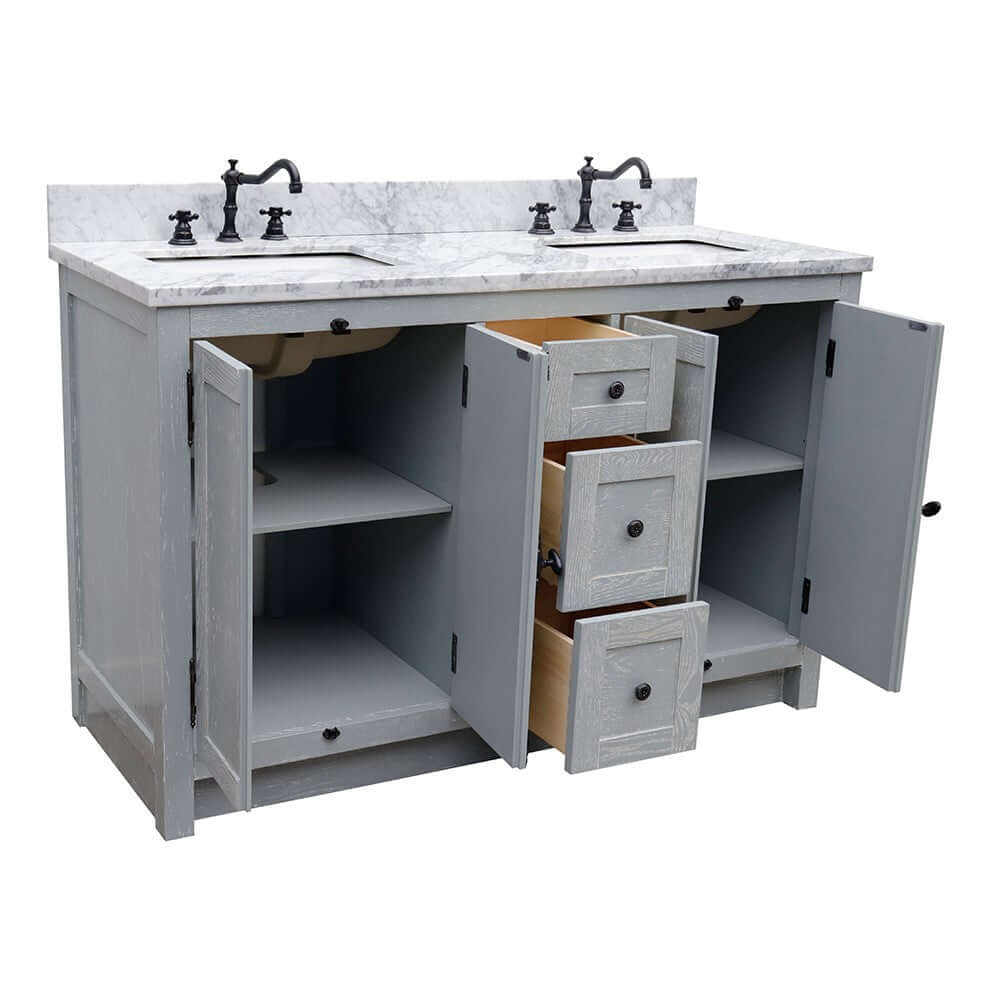 55" Double vanity in Gray Ash finish with White Carrara marble top and rectangle sink - 400100-55-GYA-WM