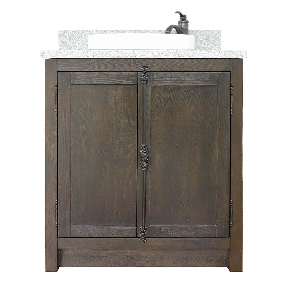 31" Single vanity in Brown Ash finish with Gray granite top and round sink - 400100-BA-GYRD