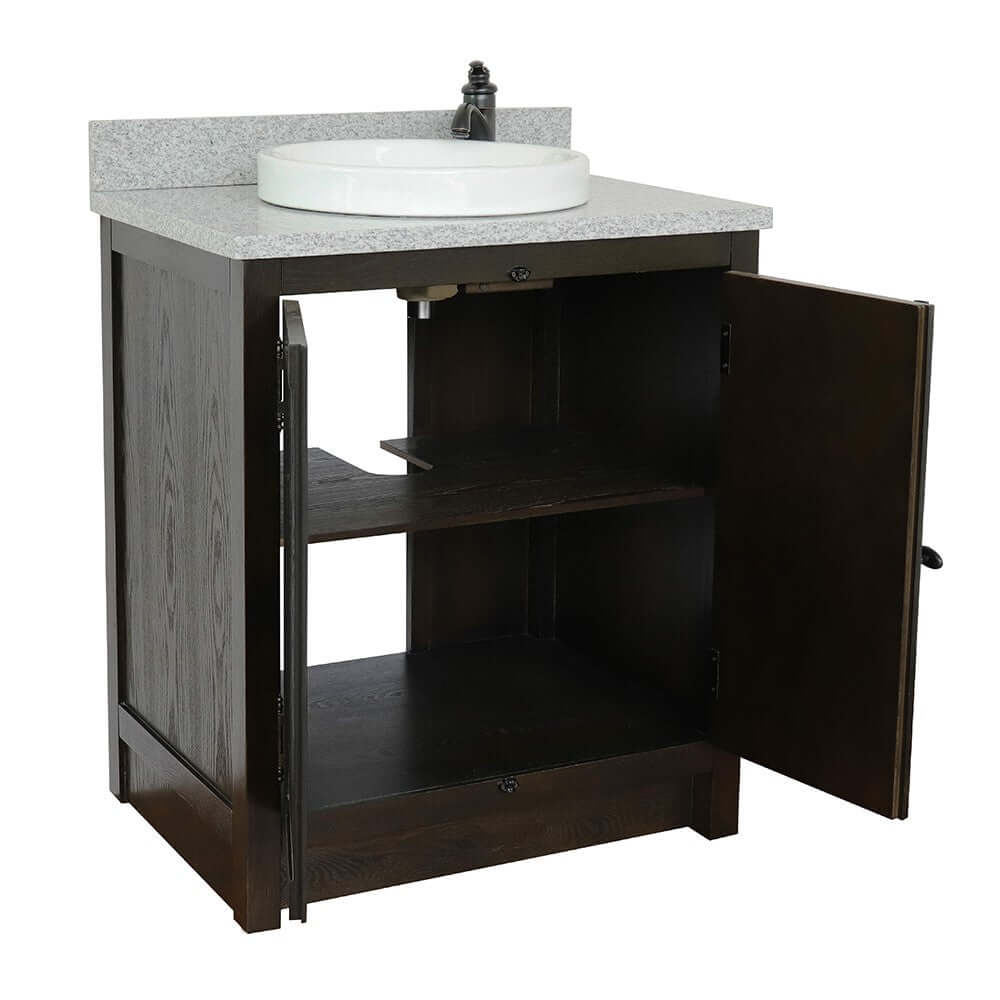 31" Single vanity in Brown Ash finish with Gray granite top and round sink - 400100-BA-GYRD