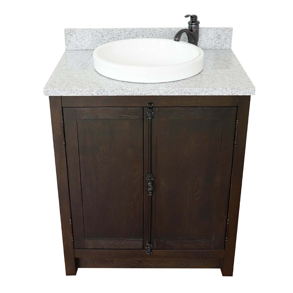 31" Single vanity in Brown Ash finish with Gray granite top and round sink - 400100-BA-GYRD