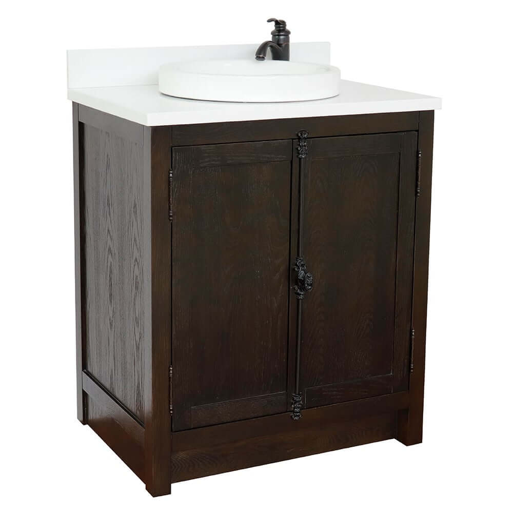 31" Single vanity in Brown Ash finish with White quartz top and round finish - 400100-BA-WERD